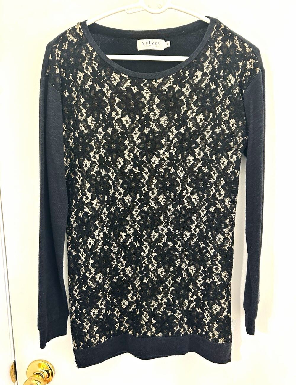 Velvet by Graham & Spencer Lace Front Knit Pullover Sweater Wool blend Black XS